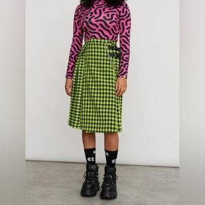 Lazy Oaf Neon Green & Black Pleated Wrap Skirt With Chain UK 12